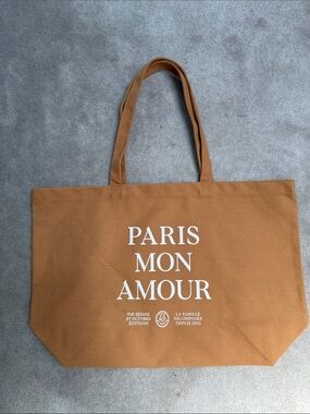 Sézane Paris Mon Amour Tote Bag in Camel with White Print